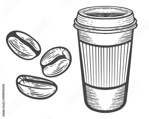 Coffee cup with roast beans falling engraving isolated