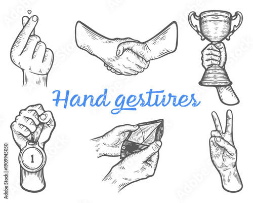 Hand gestures set, hand holding a trophy, handshake, empty wallet, victory, first place, gold medal on a ribbon, engraving isolated