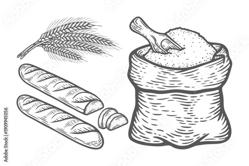 Backery set, sack with flour or sugar, scoop, wheat bread ear, bread baguette loaf cut, engraving isolated