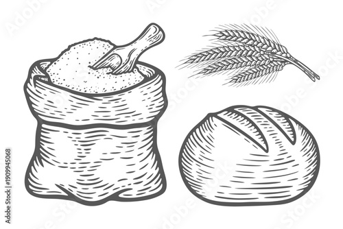 Backery set, sack with flour or sugar, scoop, wheat bread ear, bread round loaf whole uncut, engraving isolated