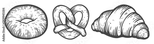 Baking set, croissant, doughnut, bagel, engraving isolated
