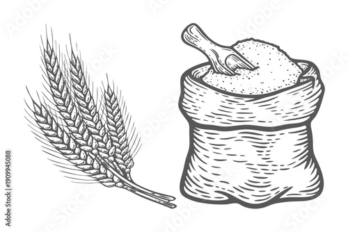 Sack with flour or sugar, scoop, burlap bag grains, wheat bread ear, engraving isolated