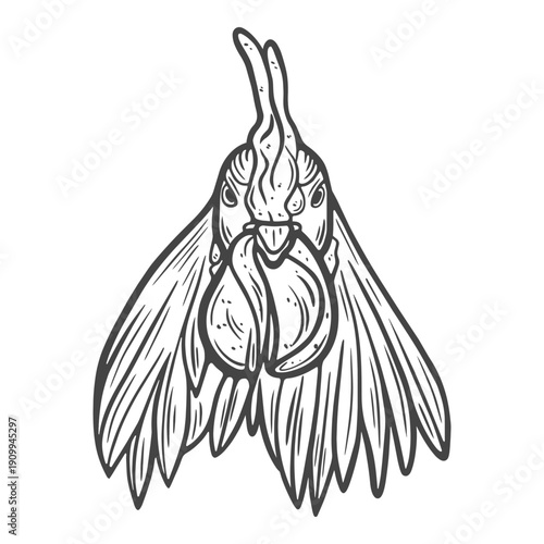 Rooster cock closeup head, portrait, chicken, farm animals birds engraving isolated