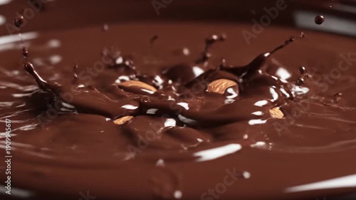 Whole almonds falling into melted dark chocolate with a splash. Warm dramatic lighting. Gourmet food concept.