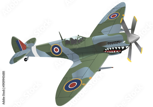 World War II Era Military Fighter Plane Illustration - Vintage Camouflage Propeller Aircraft with Shark Mouth Nose Art