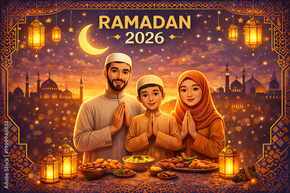 custom made wallpaper toronto digitalRamadan Mubarak 2026: An illustration showcases a loving family celebrating Ramadan with traditional festive elements and a heartwarming atmosphere.