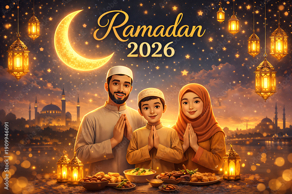 custom made wallpaper toronto digitalRamadan Gathering: A warmly lit scene shows a Muslim family, with mosque silhouettes and crescent moon, celebrates the holy month of Ramadan.
