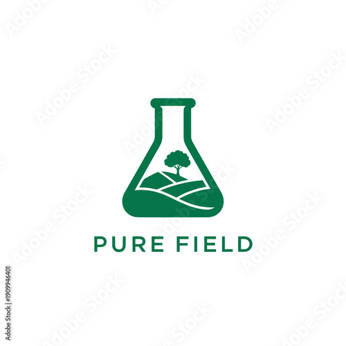 Green laboratory flask with landscape and tree for eco-friendly science and agricultural research logo branding identity for PURE FIELD