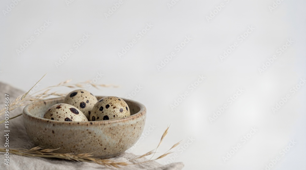 Fototapeta premium Speckled Quail Eggs in Ceramic Bowl with Dried Grass and Copy Space