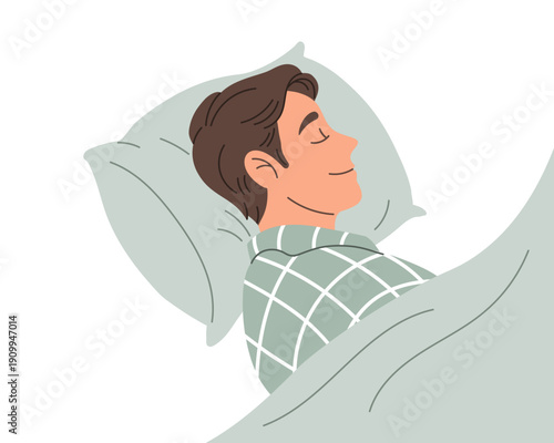 Man sleeping peacefully on a pillow. Young man sleeping in bed. Illustration.