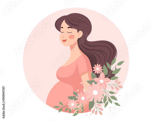 Beautiful pregnant woman with with floral decoration. Expectant mother. Illustration.