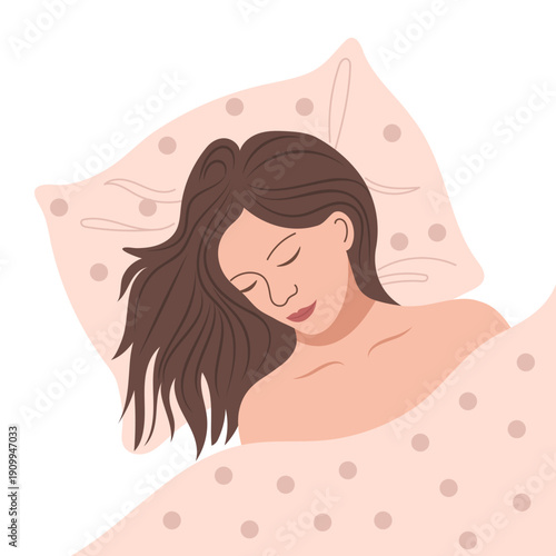 Woman sleeping peacefully on a pillow. Beautiful girl sleeping in bed. Illustration.
