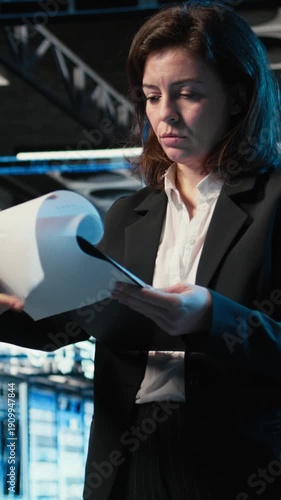 Vertical video Data center admin reading paperwork, inspecting blue wireframe mesh hardware rigs. Woman working in server farm analyzing documents, surrounded by AR infrastructure visualization