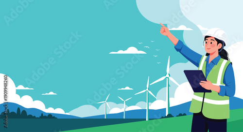 Female engineer in safety vest and hard hat pointing upwards.