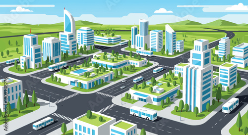 Modern Cityscape with Green Roofs and Efficient Public Transport.