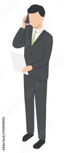 スマホで通話する会社員男性・アイソメトリック