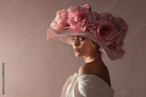 Portrait of a female model wearing a sculptural oversized hat with blooming pink roses