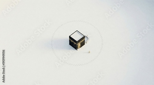 Minimal Aerial Kaaba with Footprint Tawaf Circle, Spiritual Concept with Copy Space