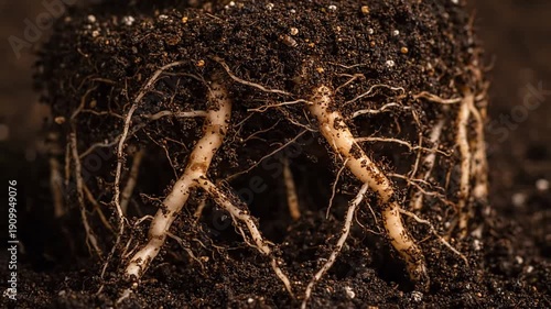 Detailed Close-up of Healthy Plant Roots Anchoring in Rich Dark Soil, Symbolizing Growth and Foundation