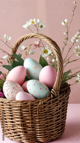 Pastel easter egg basket arrangement with blossoms on pink background