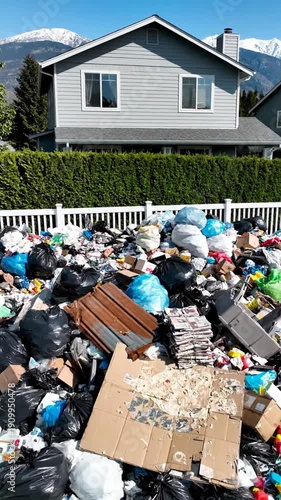 A large pile of trash and debris in a backyard with a house and snow-capped mountains in the background, depicting an environmental issue