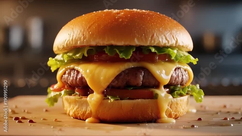 Double Cheeseburger with Lettuce and Tomato in Appetizing Style with Warm Lighting on Wooden Board for Fast Food Advertising