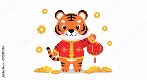 Cartoon tiger wearing traditional Chinese clothing holds a lantern with gold coins on a white background, conveying a festive mood.