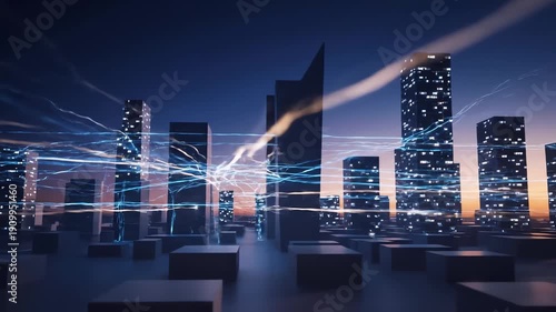 Smart City Data Streams Connecting Abstract Buildings and Illuminating Skyscrapers Across a Futuristic Urban Landscape at Twilight