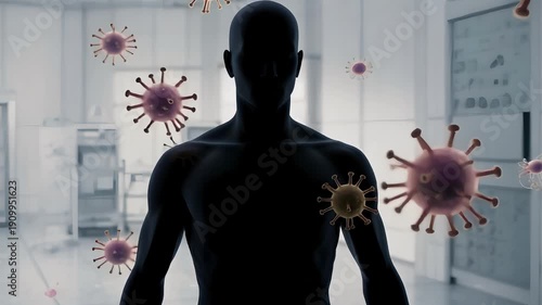 Silhouette of a man surrounded by virus particles in a clinical laboratory setting with dramatic lighting for medical illustration