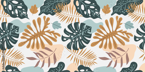 Seamless pattern with botanical leaves tropical vibes, monstera and palm for textile design and summer apparel
