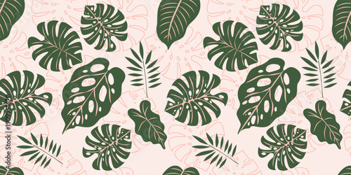 Seamless pattern with botanical leaves tropical vibes, monstera and palm for textile design and summer apparel