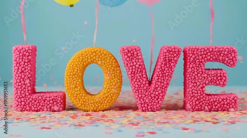 Love letters in pink and yellow confetti with balloons in pastel colors for valentines day greeting