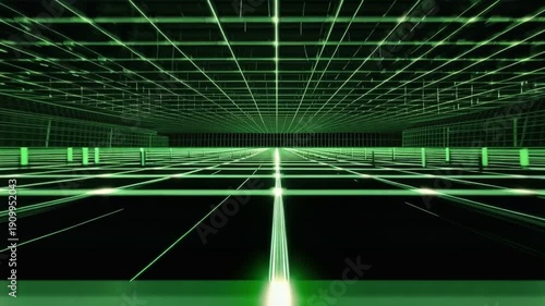 Cybernetic Matrix: A vibrant digital grid stretches into the distance, with luminous lines intersecting in a display of futuristic technology and intricate data visualization.