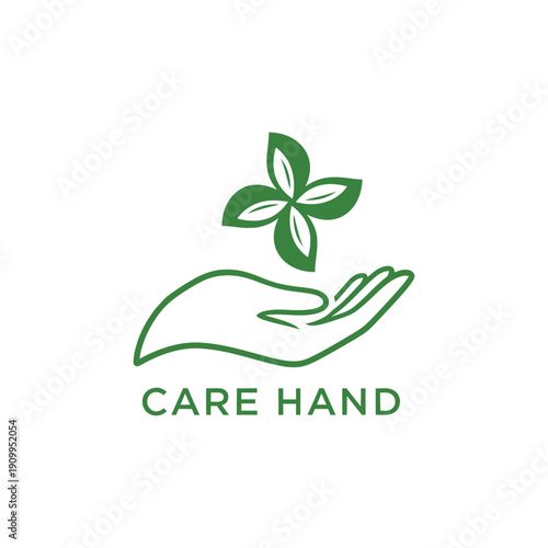 Gentle human hand holding a blooming four leaf clover for charity and wellness branding care hand logo for non profit and health foundation
