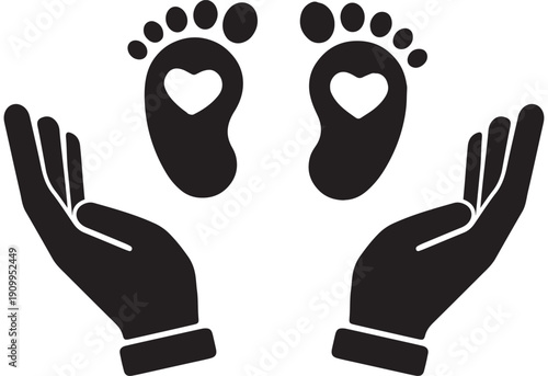 Hands holding baby feet with heart icons