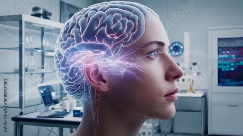 Human Brain Visualization in Futuristic Laboratory Setting with Neon Blue Lighting on Transparent Head Model for Medical Research