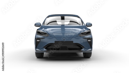 Modern elegant electric car in muted blue color - front view