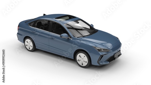 Modern elegant electric car in muted blue color - top down view