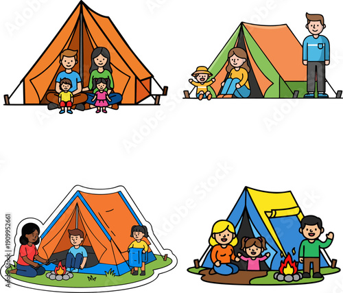 Illustrations depicting diverse families sharing joyful outdoor camping experiences, creating lasting memories and enjoying leisure time together in nature