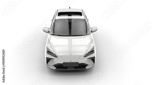 Modern elegant electric car in clean white color - top down front view