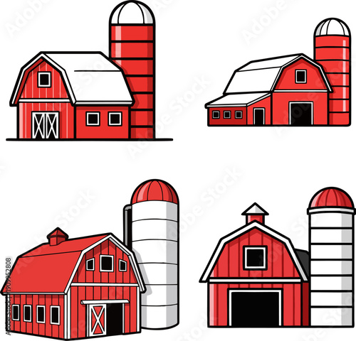 Collection of Four Stylized Red Barns with Silos, Illustrating Rural Farm Scenes and Agricultural Structures