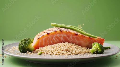 Grilled salmon fillet with quinoa and broccoli in healthy meal composition on ceramic plate in soft natural lighting for food blog