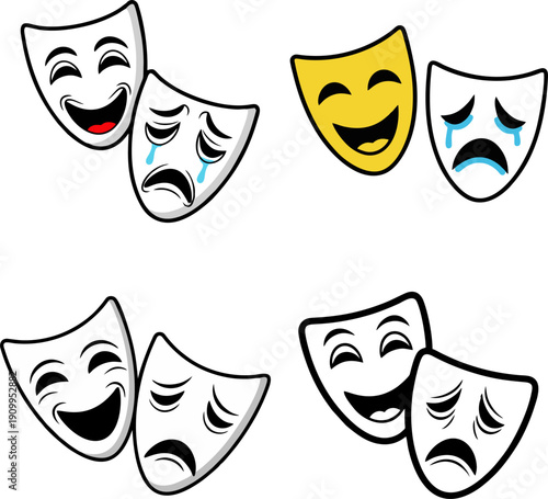 Set of four pairs of comedy and tragedy masks, representing theatrical emotions and dramatic arts, isolated on a white background