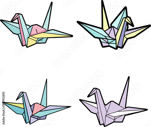 A quartet of pastel-hued origami cranes, delicately folded and arranged in a visually pleasing composition