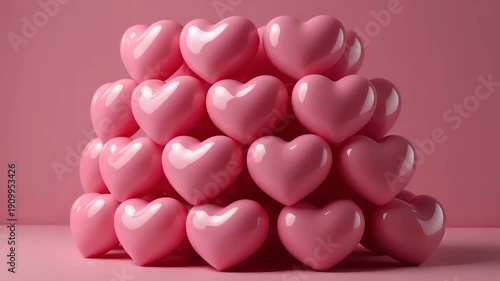 Pink hearts pyramid in glossy finish with soft pastel lighting for valentines day greeting card
