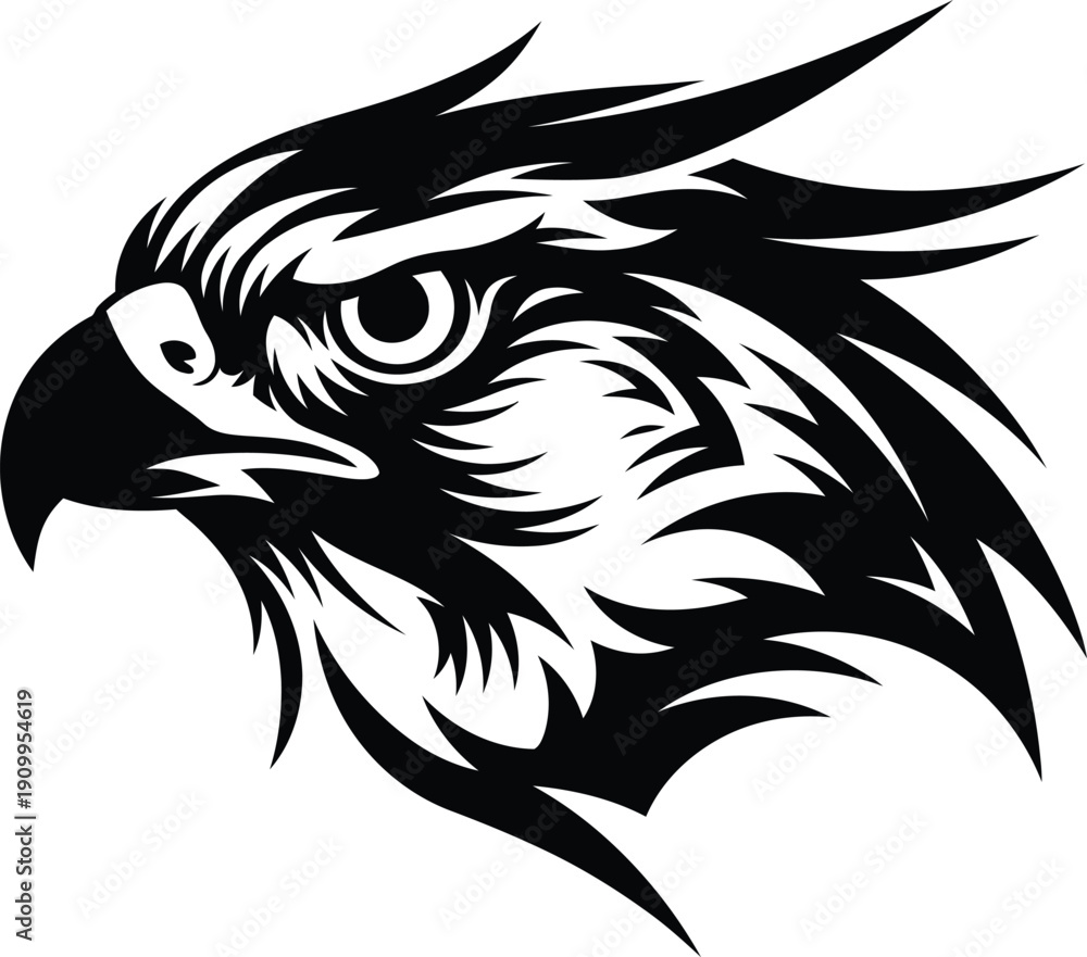 Fototapeta premium Aggressive hawk head vector illustration with sharp beak and intense eye, black and white fierce bird of prey mascot silhouette isolated on white.