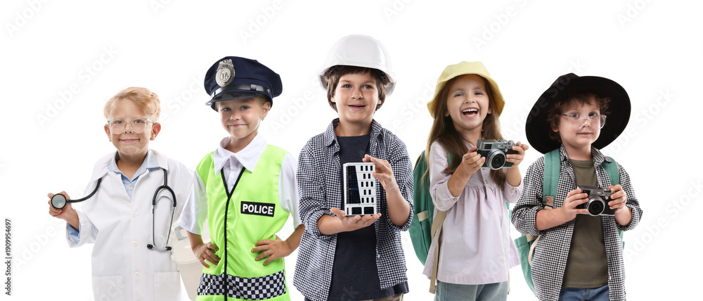 Obraz premium Choice of future profession. Happy children dressed as workers in different occupations. White background