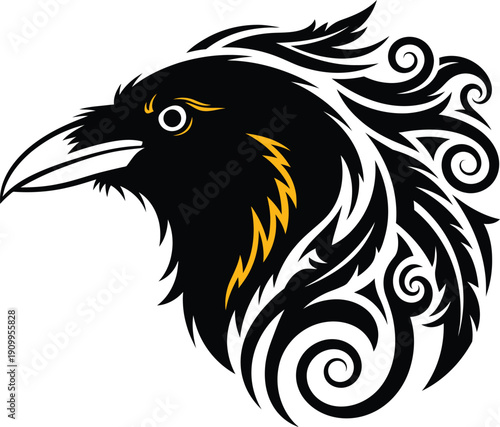 Fierce raven head mascot vector illustration with tribal swirling feathers and yellow neck details, black bird of prey profile isolated on white.