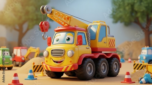 Smiling cartoon construction truck with crane.