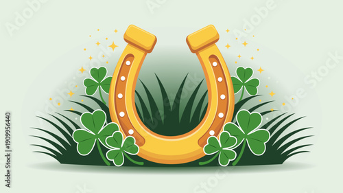 Golden horseshoe lucky symbol with shamrocks representing good luck, Irish traditions. Festive vector illustration for St Patrick’s Day designs, holiday backgrounds, folklore, celebration themes